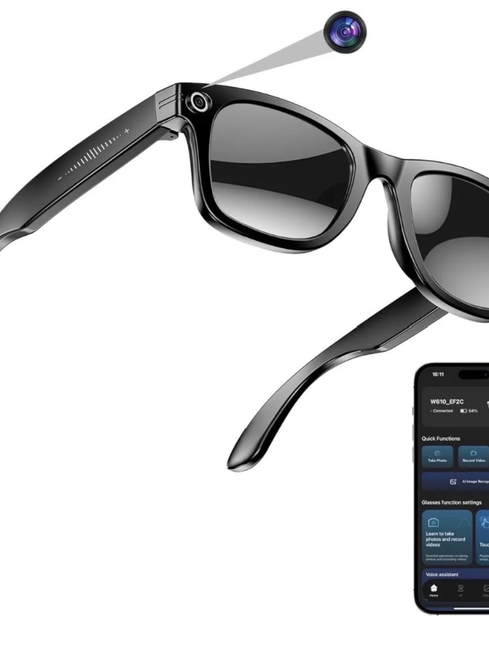 1080p AI Black Smart Sunglasses with Built-In Camera, AI Translation